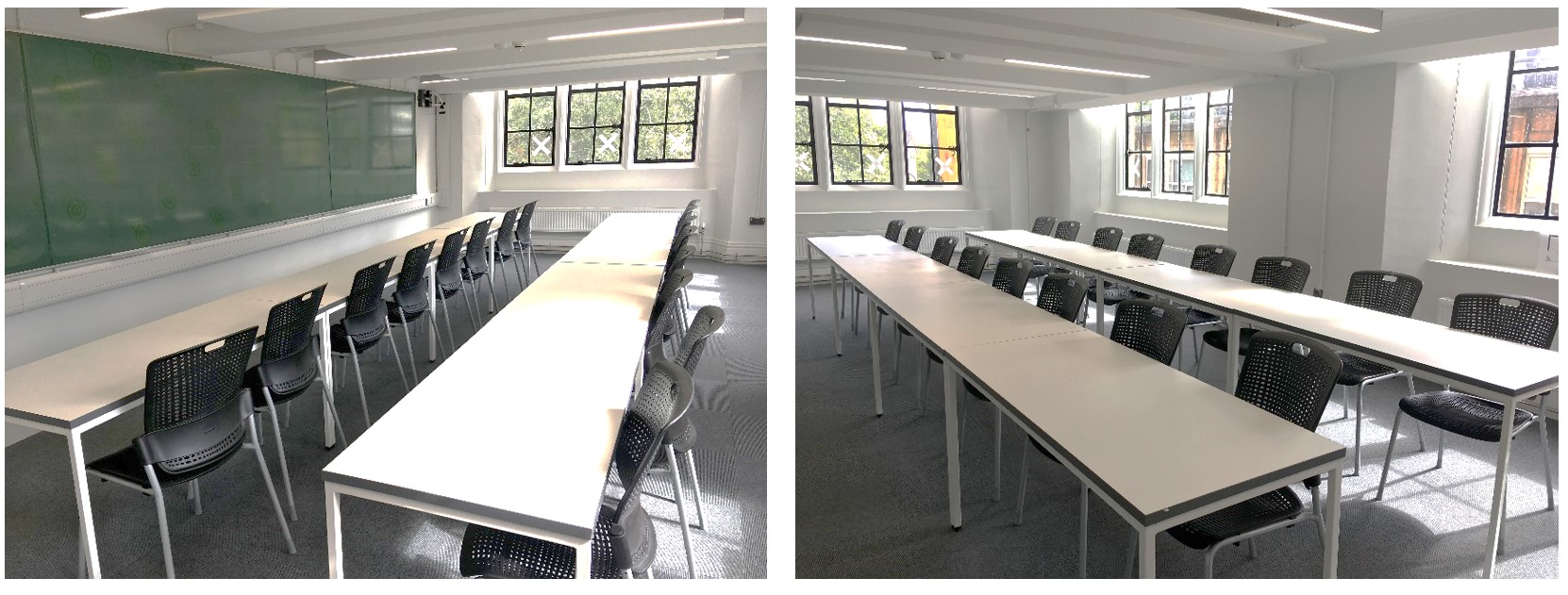 Tables and chairs in rows facing the teaching wall.